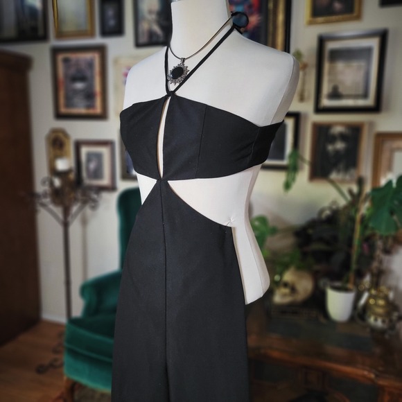 Bebe Jumpsuit Black Halter Neck Cutout Wide Leg Sleek Daring 0 - Picture 3 of 7